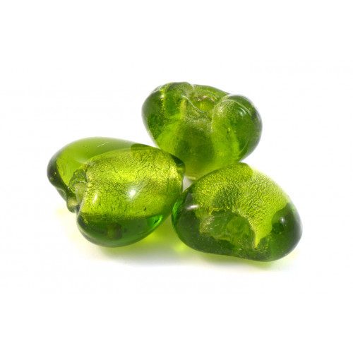 Glass bead puffed heart 15mm green silver foiled*